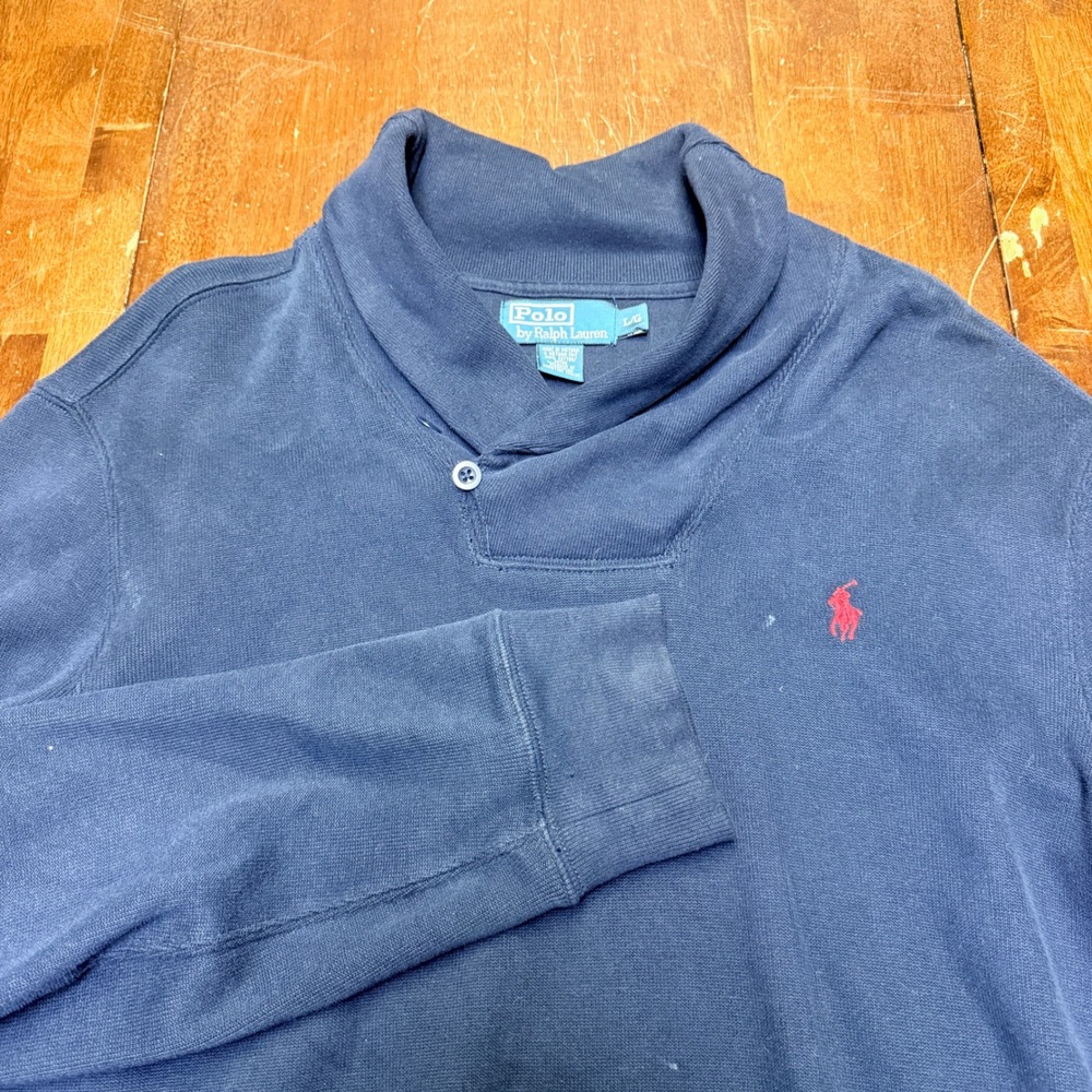 Polo Ralph Lauren Men Navy Shawl Collar Sweatshirt‎ Pullover Red Pony Logo Large